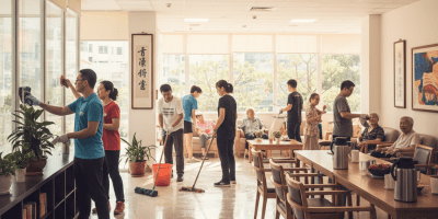 Volunteers cleaning windows and mopping floors in a bright community room while seniors socialize.