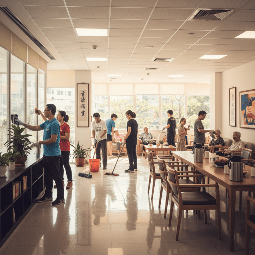 Volunteers cleaning windows and mopping floors in a bright community room while seniors socialize.