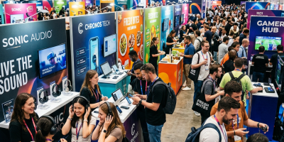 Crowded tech conference exhibition with people interacting at booths for Sonic Audio, Chronos Tech, Fresh Bites, and Gamer Hub