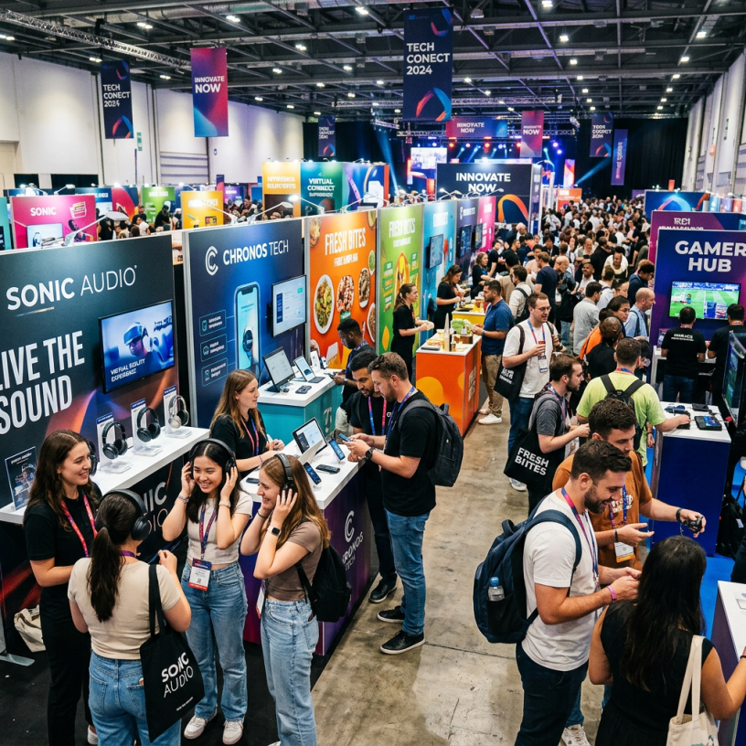Crowded tech conference exhibition with people interacting at booths for Sonic Audio, Chronos Tech, Fresh Bites, and Gamer Hub